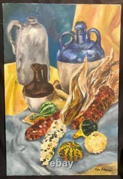 American Still Life Oil Painting Corn Squash Pottery Jugs Monshine Rita Ferrara