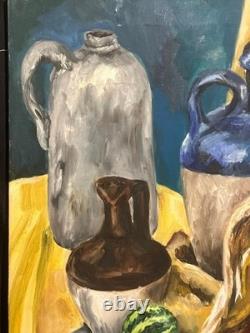 American Still Life Oil Painting Corn Squash Pottery Jugs Monshine Rita Ferrara