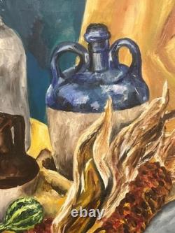 American Still Life Oil Painting Corn Squash Pottery Jugs Monshine Rita Ferrara