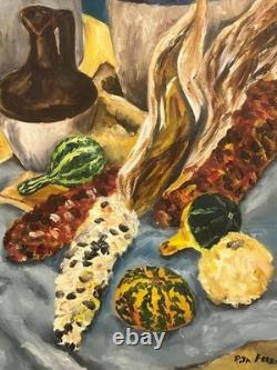 American Still Life Oil Painting Corn Squash Pottery Jugs Monshine Rita Ferrara