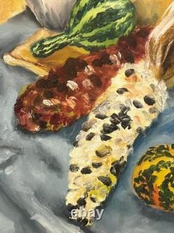 American Still Life Oil Painting Corn Squash Pottery Jugs Monshine Rita Ferrara