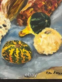 American Still Life Oil Painting Corn Squash Pottery Jugs Monshine Rita Ferrara