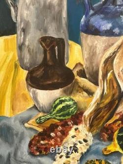 American Still Life Oil Painting Corn Squash Pottery Jugs Monshine Rita Ferrara