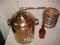 Antique Copper Moonshine Still with Coil + Corked Wine Bottle 4-5 Gallon Still