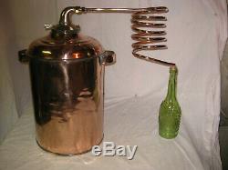 Antique Copper Moonshine Still with Coil + Corked Wine Bottle 6-7 Gallon Still