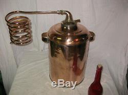 Antique Copper Moonshine Still with Coil + Corked Wine Bottle 6-7 Gallon Still