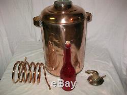 Antique Copper Moonshine Still with Coil + Corked Wine Bottle 6-7 Gallon Still