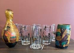 MCM MOONSHINE STILL 6 pc Highball Drinking Glasses + Hand Painted Barrel & Pin