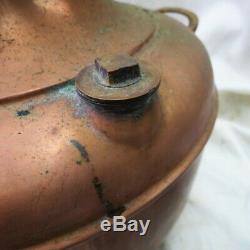 Primitive handmade copper moonshine still boiler brass handles old green patina