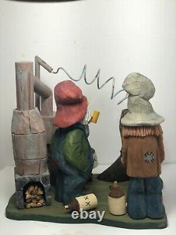 Two Hillbillies with Moonshine Still Bass Wood Carved Figurine Collectable