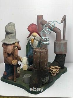 Two Hillbillies with Moonshine Still Bass Wood Carved Figurine Collectable