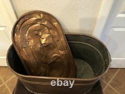 Vintage Antique Copper Boiler Wash Tub Wood Handles Lid moonshine still box