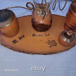 Vintage Mt. Dew Moonshine Still Jug Wood Decoration Souvenir Made USA Shot Glass