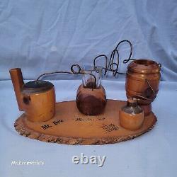 Vintage Mt. Dew Moonshine Still Jug Wood Decoration Souvenir Made USA Shot Glass